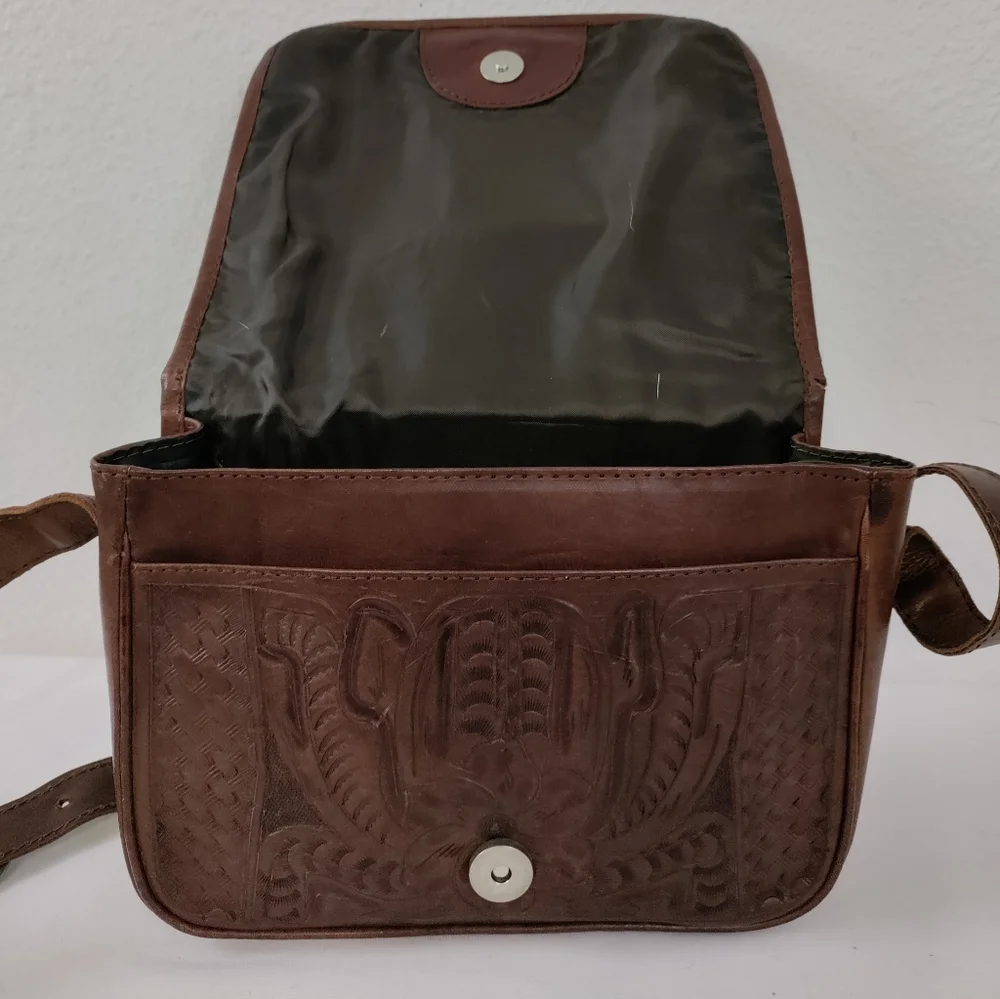 Leaders In Leather Vntg Tooled Leather Pony Hair Flap Messenger Crossbody Bag